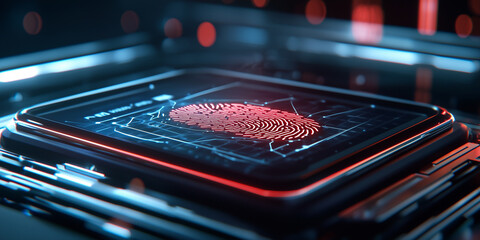 Poster - Advanced fingerprint scanner technology glowing red, highlighting cybersecurity and biometric authentication in futuristic digital environment