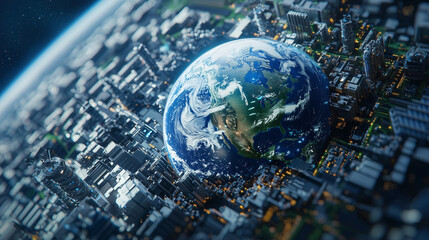 Poster - Futuristic Earth globe in urban cityscape environment, aerial perspective showcasing advanced technology and modern architecture, symbolizing global connectivity