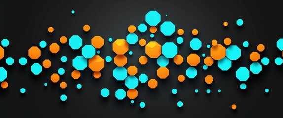 cyan to orange random geometric shapes pattern glowing on plain black dark background abstract illus