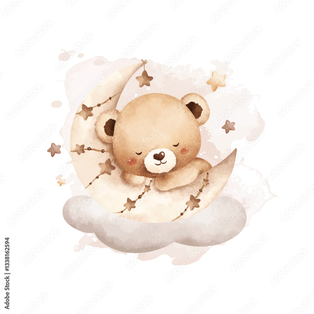 Watercolor Illustration Sleepy Baby Sleeps on Moon with Stars Stock ...