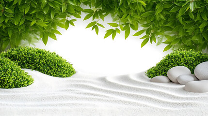 Poster - A serene scene featuring lush green leaves, grass, smooth stones, and raked sand, creating a peaceful and tranquil atmosphere