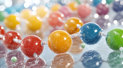 Poster - A vibrant close-up of colorful spheres connected by transparent links, creating a visually striking molecular or abstract representation