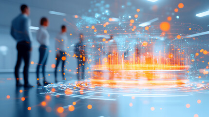 Poster - A futuristic meeting scene with figures standing around a digital display featuring vibrant data visualizations and glowing particles