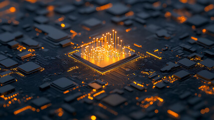 Poster - A close-up view of a glowing microchip, showcasing intricate circuitry and illuminated components, highlighting technology and innovation