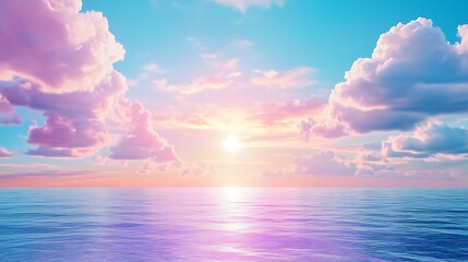 Poster - A serene sunset over a calm ocean, with pastel-colored clouds reflecting the warm hues of the sky, creating a peaceful and picturesque scene