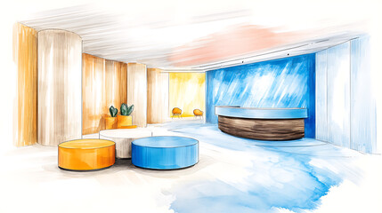 Poster - A vibrant interior design sketch featuring colorful seating, a serene ambiance, and soft lighting elements, ideal for a modern space