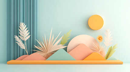Fototapete - A modern, abstract arrangement featuring geometric shapes and dried plants against a soft, pastel backdrop