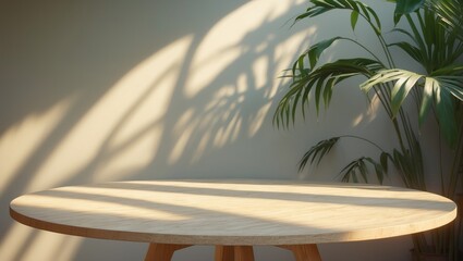 Poster - background for overlaying products. Close-up of an empty round table illuminated by sunlight and surrounded by tropical plant leaves. Organic beauty, natural concept. Layout, podium, spa, sunscreen.
