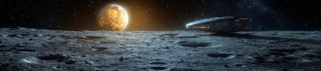 Wall Mural - A futuristic spaceship floating above the lunar surface with a distant planet visible in space. Generative AI