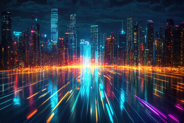 Poster - Vibrant cityscape at night, illuminated with streaks of light reflecting on water, conveying speed and dynamism.