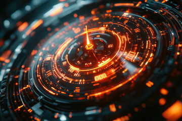Poster - Futuristic glowing orange and black circular technology interface with intricate details.