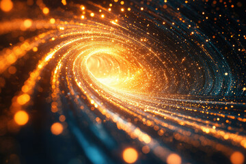 Poster - A swirling vortex of golden light and dark matter, resembling a cosmic tunnel or galaxy spiral.
