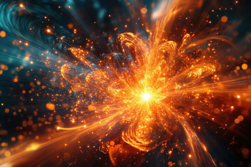 Poster - A fiery, abstract fractal explosion radiating outwards with orange and teal energy.