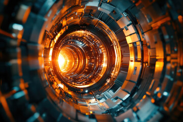Poster - Glowing futuristic tunnel, intricate metallic design, vibrant orange and blue hues, technological marvel.