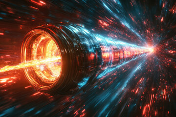 Poster - Futuristic spaceship travels through a vibrant, energy-filled wormhole at incredible speed.