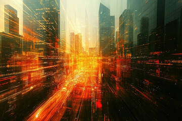 Poster - A vibrant, futuristic cityscape at sunset, radiating energy and technological advancement.