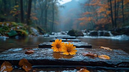 Poster - Autumn Flowers on Stream Stones