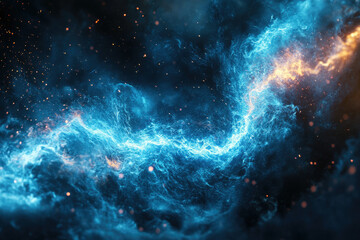 Poster - Abstract cosmic energy clash: vibrant blue and orange plasma streams collide in a dark, starry expanse.