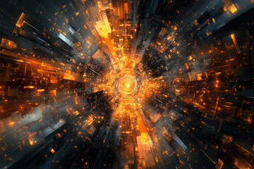 Poster - Abstract digital art depicting a futuristic city tunnel with glowing orange and dark gray structures, creating a sense of depth and speed.