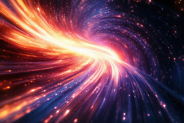 Poster - A vibrant, swirling vortex of light and color streaks across a dark, starry space, creating a dynamic and energetic cosmic tunnel.