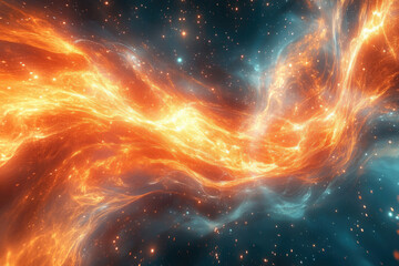 Aufkleber - Fiery cosmic nebula swirls in vibrant orange and teal hues across a star-studded expanse.
