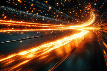 Aufkleber - Fiery trail of light streaks across a dark, curved road at high speed, leaving glowing embers in its wake.