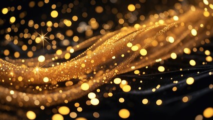 Aufkleber - Golden shimmering bokeh lights against a black backdrop. Glitter sparkling stars for celebration. Overlay for your design.
