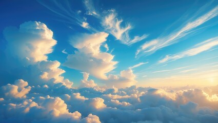 Wall Mural - Blue sky and white clouds floated in the atmosphere on a clear day with warm sunshine combined with a cool breeze against the body creating a miraculous refreshing experience like paradise.