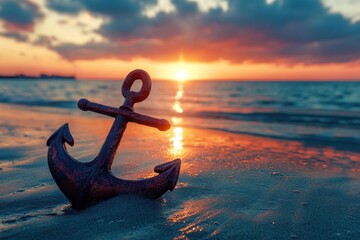 Wall Mural - Rusty anchor lying on sand at a beach during a beautiful sunset. Ideal for nautical themes, travel blogs, or coastal lifestyle articles.