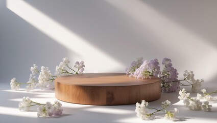 Poster - Geometric vacant podium wooden platform for product display with spring flowers and shadows on a white backdrop.