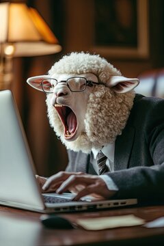 sheep with glasses at laptop. in suit. in office at desk. screaming loudly. angry.