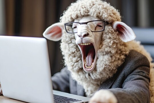 sheep with glasses at laptop. in suit. in office at desk. screaming loudly. angry.