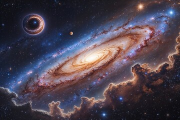 Wall Mural - luminous spiral galaxy and fantastic nebula in dotwork style artwork with stellar deep space imagery