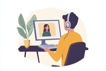 Poster - man wearing headphones is sitting at a desk in front of a computer monitor. He is talking to someone on the screen
