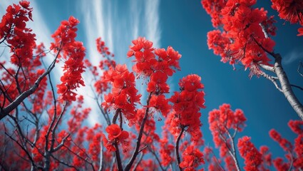 Poster - Bright red flowers decorate branches, producing a captivating contrast against a clear blue sky, representing the beauty and vibrancy of spring.