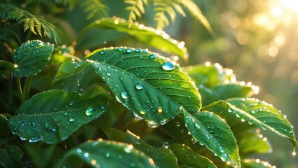 Poster - Fresh green leaves adorned with morning dew in natural sunlight against a blurred backdrop.
