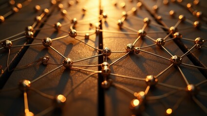 Poster - Connecting networks. Two distinct networks linked by gold wire. Networking, social media, internet communication abstract concept image. Gold wire web on rustic wood.