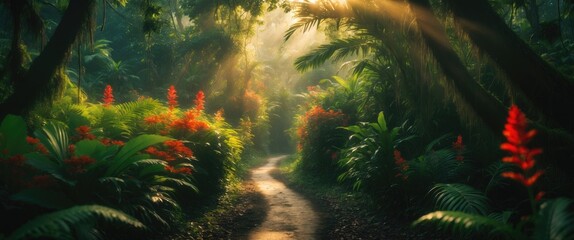 Poster - Blurred background of a tranquil pathway winding through a lush tropical rainforest, showcasing dappled sunlight filtering through vibrant greenery and foliage, ideal for nature enthusiasts.