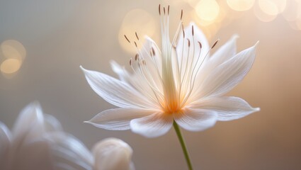 Poster - Delicate white flower in focus with soft petals, showcasing slender stamens elegantly extending, producing an ethereal, tranquil atmosphere.