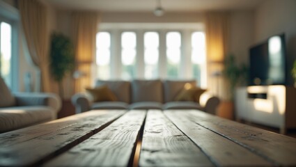 Poster - Wooden vacant table in front of living room sofa.