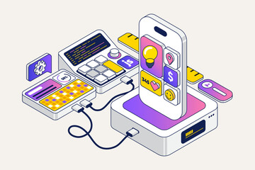 Wall Mural - mobile app design elements, application development. vector 3d line isometric, color web icons, new 