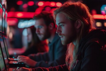 Poster - Software developers working on multiple computer screens in office at night