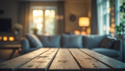 Poster - Wooden vacant table positioned in front of interior couch.