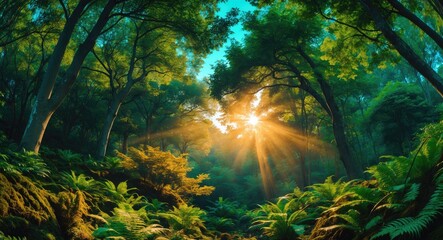 Poster - Observing the sun shining through the trees in a forest offers a tranquil experience, surrounded by terrestrial plants and a variety of green and brown shades in the natural landscape.