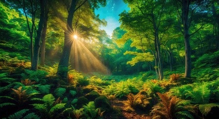 Poster - Observing the sun shining through the trees in a forest creates a tranquil experience, surrounded by terrestrial plants and various shades of green and brown in the natural landscape.
