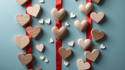 Poster - Wooden hearts adorned with a red ribbon on a blue backdrop featuring white hearts. The concept of love, romance, and tenderness.