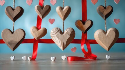 Poster - Wooden hearts adorned with a red ribbon amidst white hearts on a blue backdrop. The concept of love, romance, and tenderness.
