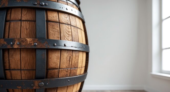 Wooden grunge aged oak barrel set against a white backdrop.