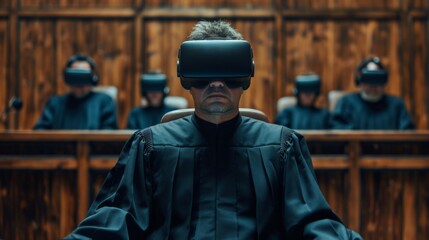 Poster - Judges wear virtual reality headsets during courtroom trials in innovative judiciary technology setup