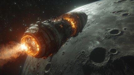 Wall Mural - Glowing spacecraft in orbit above the Moon with a deep space background. Generative AI